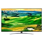 Widok z przodu telewizora LG QNED z obrazem wypełniającym i logo produktu