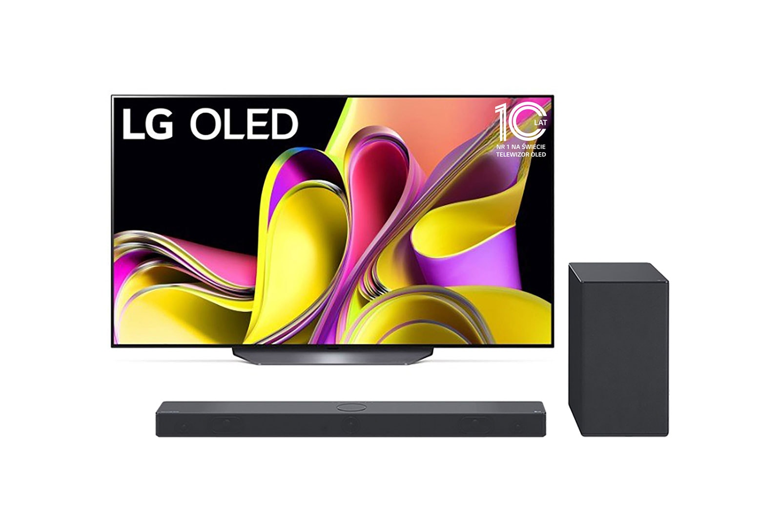 LG OLEDi eestvaade embleemiga 10 aastat maailma nr. 1 OLED. + Widok z przodu soundbaru i woofera