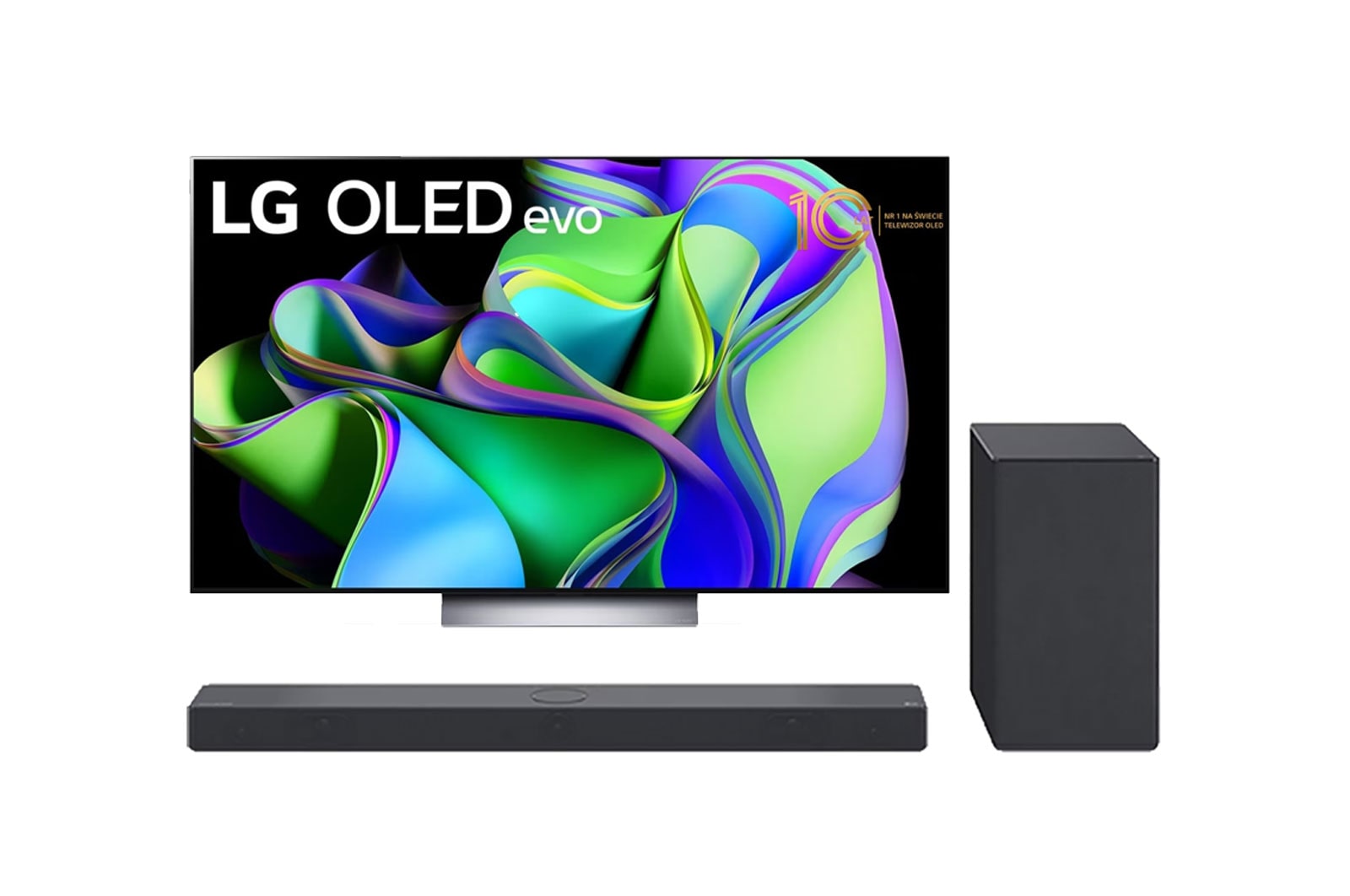 Widok z przodu telewizora LG OLED z napisem Od 10 lat telewizor OLED nr 1 na świecie na ekranie.+Widok z przodu soundbaru i woofera