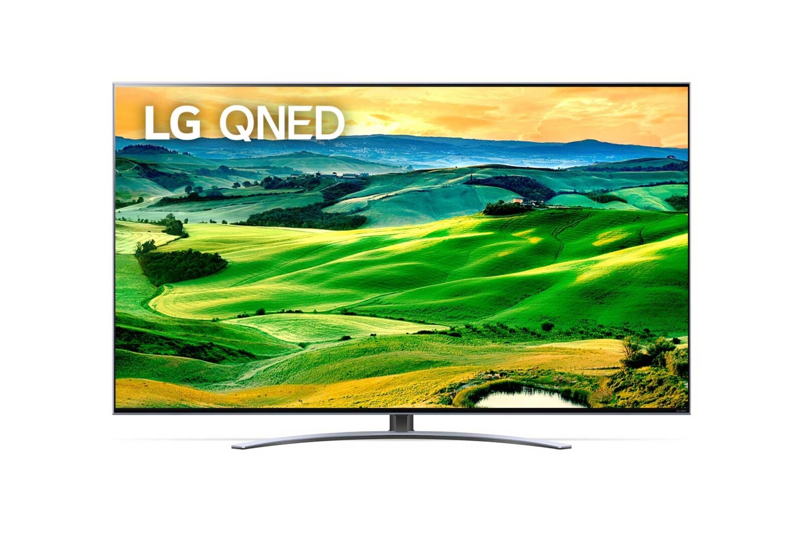 Widok z przodu telewizora LG QNED z obrazem wypełniającym i logo produktu