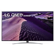 Widok z przodu telewizora LG QNED z obrazem wypełniającym i logo produktu
