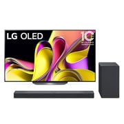LG OLEDi eestvaade embleemiga 10 aastat maailma nr. 1 OLED +  Widok z przodu soundbaru i woofera