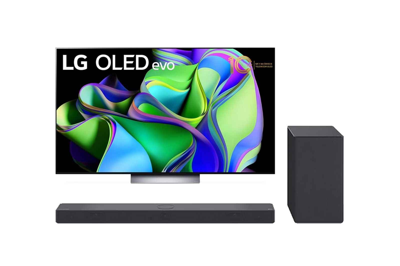 Widok z przodu telewizora LG OLED evo, napis Od 10 lat telewizor OLED nr 1 na świecie oraz soundbar pod spodem +  Widok z przodu soundbaru i woofera