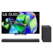 Widok z przodu telewizora LG OLED evo, napis Od 10 lat telewizor OLED nr 1 na świecie oraz soundbar pod spodem +  Widok z przodu soundbaru i woofera