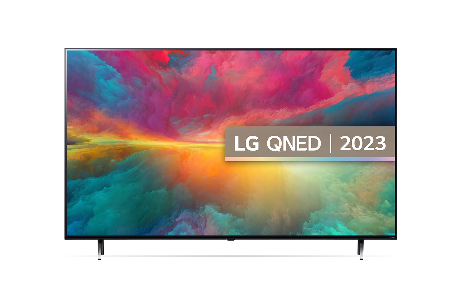 Een vooraanzicht van de LG QNED TV met invulbeeld en productlogo op