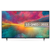 Een vooraanzicht van de LG QNED TV met invulbeeld en productlogo op