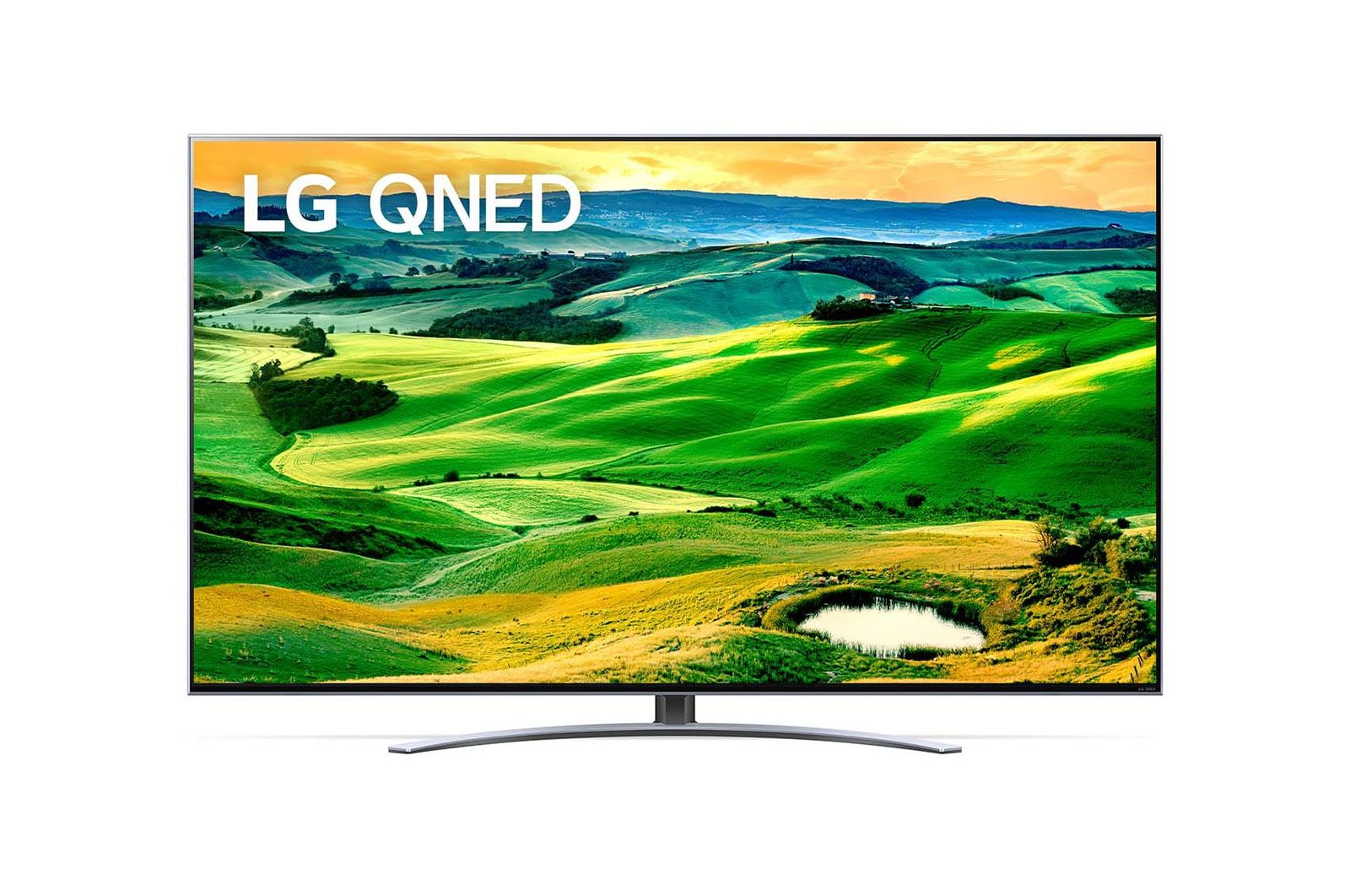 Widok z przodu telewizora LG QNED z obrazem wypełniającym i logo produktu