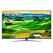 Widok z przodu telewizora LG QNED z obrazem wypełniającym i logo produktu