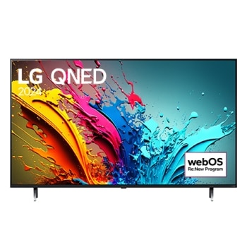 Widok z przodu na telewizor LG QNED, QNED87 z tekstem LG QNED, 2024 i logo webOS Re:New Program na ekranie