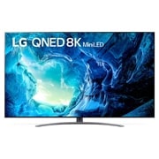 Widok z przodu telewizora LG QNED z obrazem wypełniającym i logo produktu