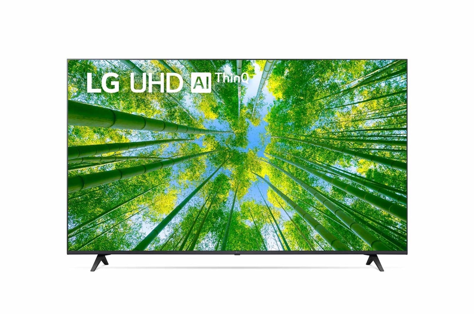 Widok z przodu telewizora LG UHD z obrazem wypełniającym i logo produktu