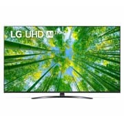 Widok z przodu telewizora LG UHD z obrazem wypełniającym i logo produktu