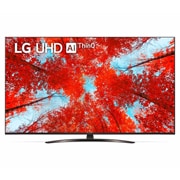 Widok z przodu telewizora LG UHD z obrazem wypełniającym i logo produktu