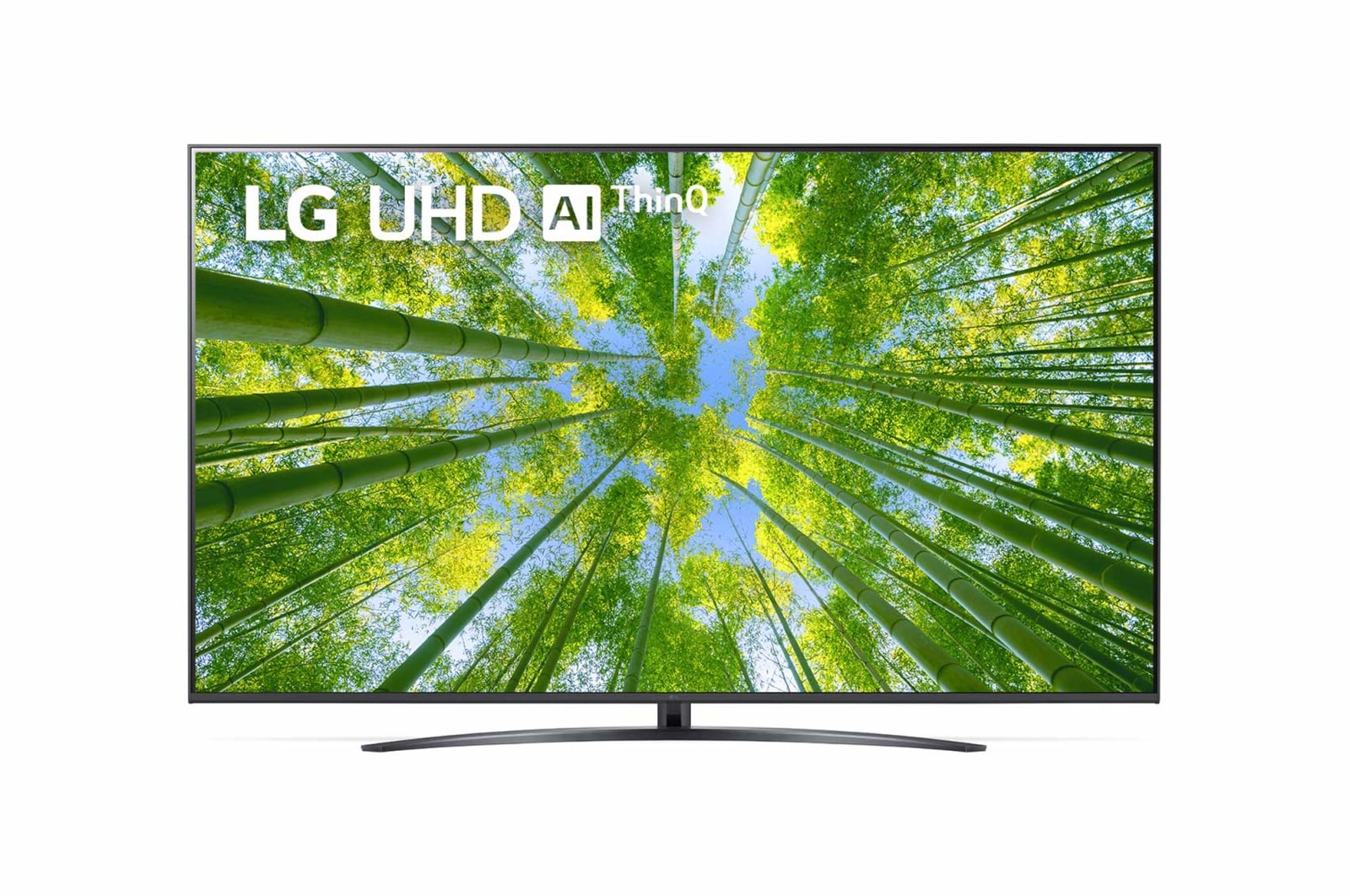 Widok z przodu telewizora LG UHD z obrazem wypełniającym i logo produktu