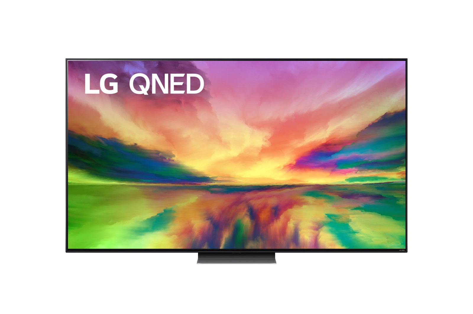 Een vooraanzicht van de LG QNED TV met invulbeeld en productlogo op