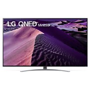 Widok z przodu telewizora LG QNED z obrazem wypełniającym i logo produktu