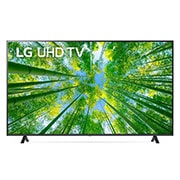 Widok z przodu telewizora LG UHD z obrazem wypełniającym i logo produktu