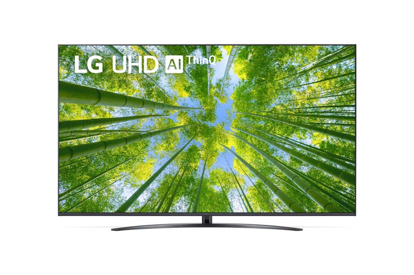 Widok z przodu telewizora LG UHD z obrazem wypełniającym i logo produktu