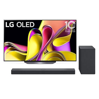 LG OLEDi eestvaade embleemiga 10 aastat maailma nr. 1 OLED. + Widok z przodu soundbaru i woofera