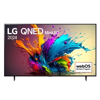 Widok z przodu na telewizor LG QNED, QNED90 z tekstem LG QNED MiniLED, 2024 i logo webOS Re:New Program na ekranie