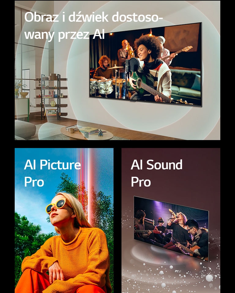 LG TV zamontowany na ścianie w salonie, z gitarzystą na ekranie, grafiką koncentrycznych okręgów reprezentujących fale dźwiękowe i napisem „Dostosowanie AI” w lewym górnym rogu. Kobieta kucająca na zewnątrz w słoneczny dzień na tle drzew i błękitnego nieba oraz napis „AI Picture Pro” w lewym górnym rogu. LG TV z bąbelkami i falami dźwiękowymi emitowanymi z ekranu i wypełniającymi przestrzeń oraz napisem „AI Sound Pro” w lewym górnym rogu.