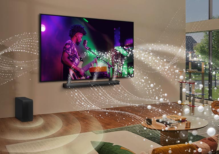 LG TV i LG Soundbar zamontowane na ścianie w salonie i grafika o jasnym kształcie dookoła pokoju.
