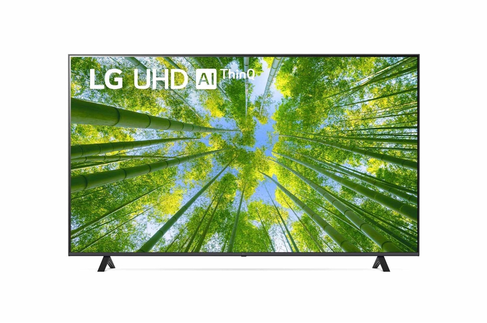 Widok z przodu telewizora LG UHD z obrazem wypełniającym i logo produktu