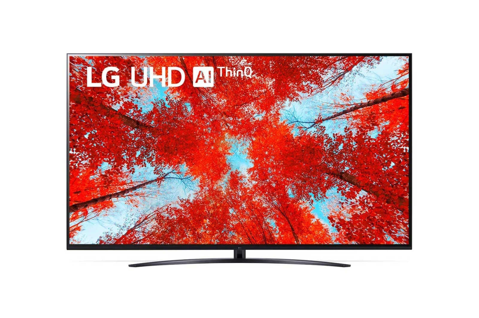 Widok z przodu telewizora LG UHD z obrazem wypełniającym i logo produktu