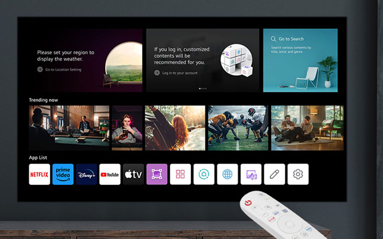 Image of webOS home UI and remote control.