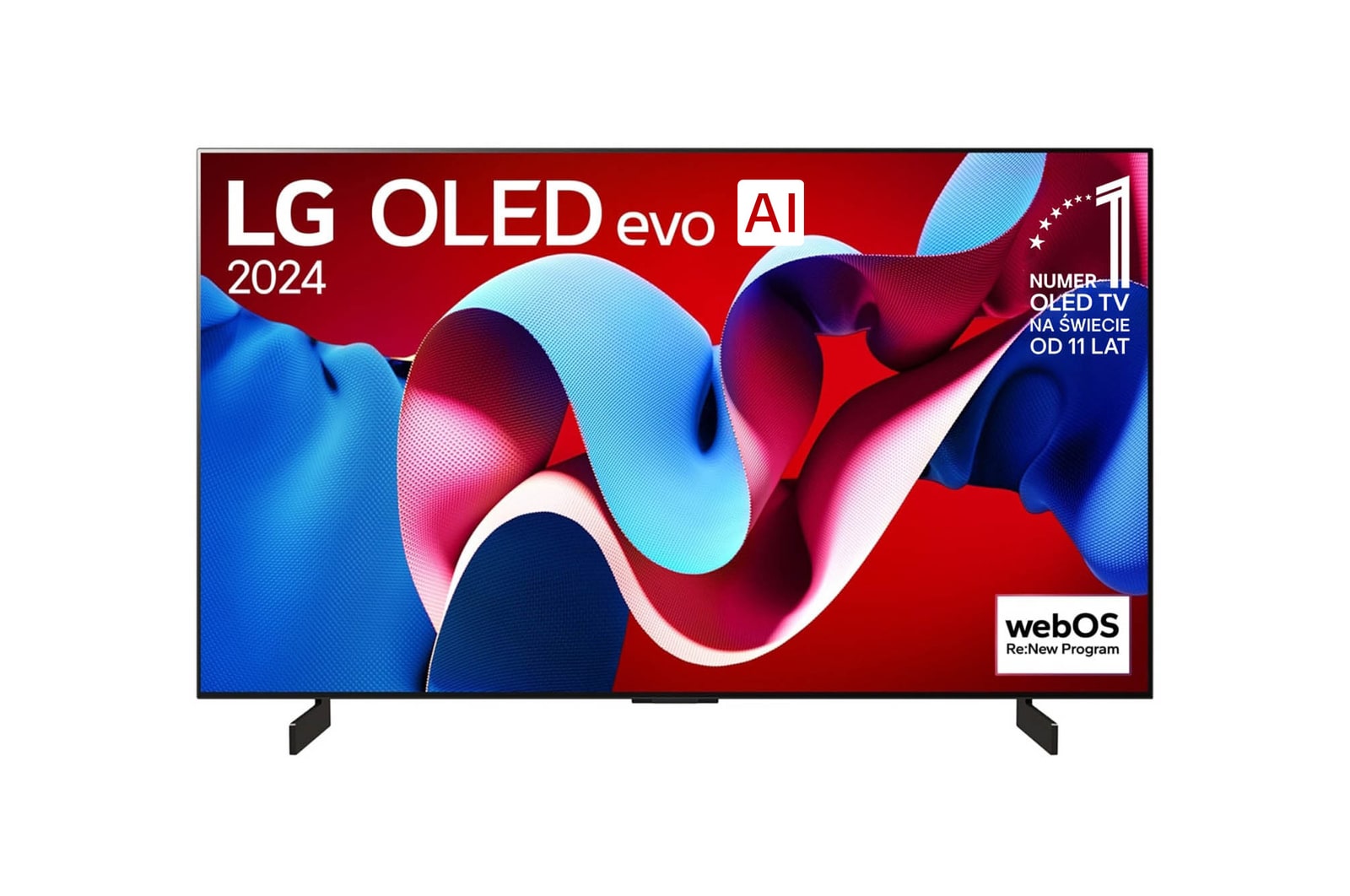 Widok z przodu LG OLED evo AI TV, OLED C4, logo emblematu „11 Years of World Number 1 OLED” i logo programu webOS Re:New na ekranie