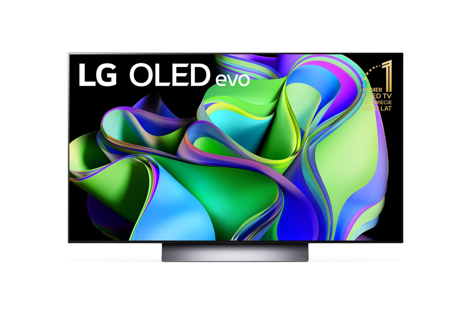 Widok z przodu telewizora LG OLED evo, napis Od 10 lat telewizor OLED nr 1 na świecie oraz soundbar pod spodem. 