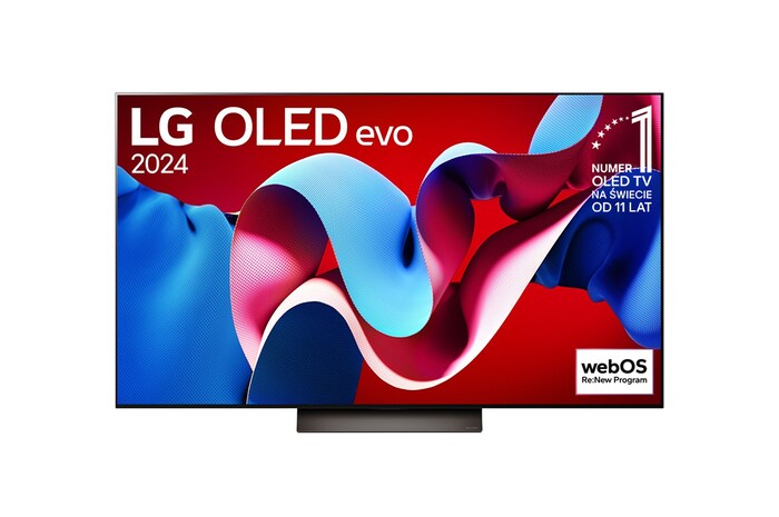 Widok z przodu LG OLED evo AI TV, OLED C4, logo emblematu „11 Years of World Number 1 OLED” i logo programu webOS Re:New na ekranie