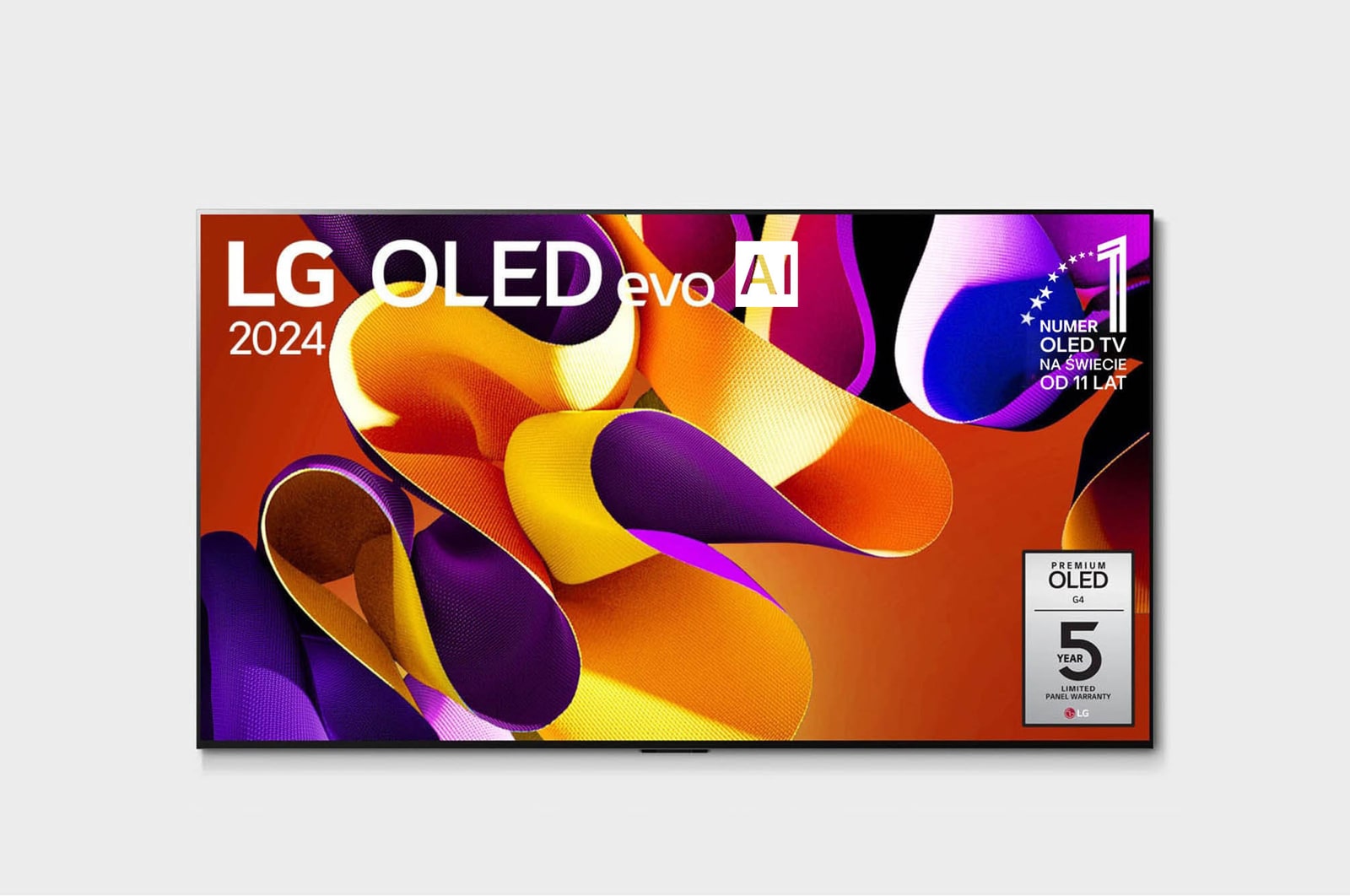 Widok z przodu LG OLED evo AI TV, OLED G4, logo emblematu „11 Years of World Number 1 OLED” i logo webOS Re:New Program i logo 5-letniej gwarancji na panel na ekranie