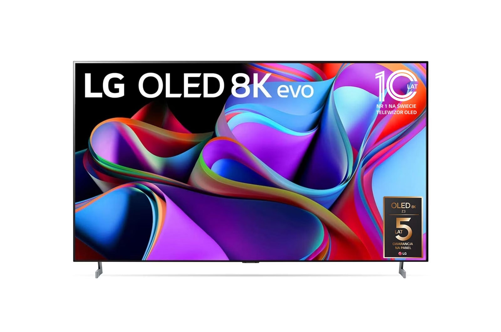 Widok od przodu telewizora LG OLED 8K evo, napis Od 11 lat telewizor OLED nr 1 na świecie, i logo 5-letniej gwarancji na matrycę