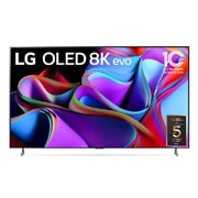Widok od przodu telewizora LG OLED 8K evo, napis Od 11 lat telewizor OLED nr 1 na świecie, i logo 5-letniej gwarancji na matrycę