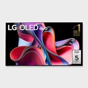 Widok od przodu telewizora LG OLED evo, napis Od 10 lat telewizor OLED nr 1 na świecie, i logo 5-letniej gwarancji na matrycę