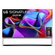 Widok od przodu telewizora LG OLED 8K evo, napis Od 11 lat telewizor OLED nr 1 na świecie, i logo 5-letniej gwarancji na matrycę