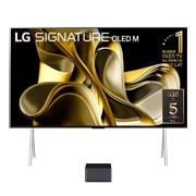 Front view with LG OLED M3 on the stand and Zero Connect Box below, 10 Years World No.1 OLED Emblem, LG Signiture OLED M
