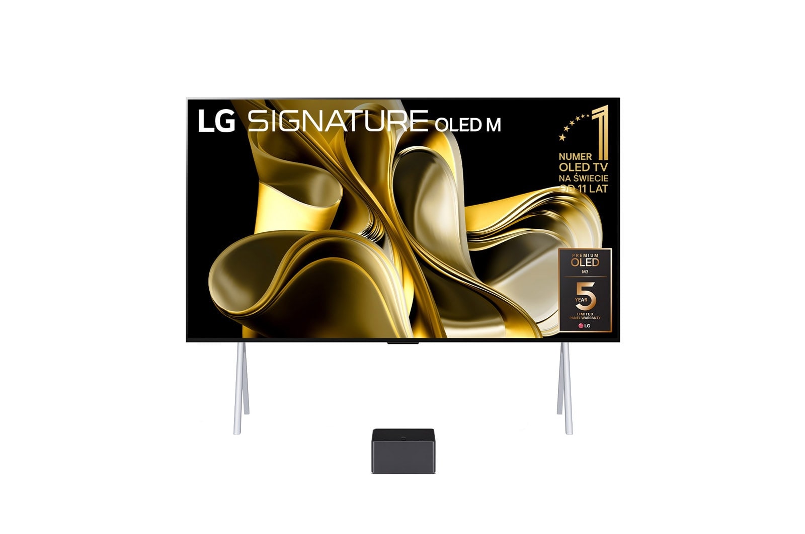 Front view with LG OLED M3 on the stand and Zero Connect Box below, 10 Years World No.1 OLED Emblem, LG Signiture OLED M