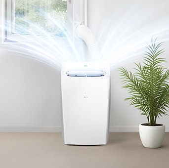 Przenośny klimatyzator LG zapewniający szybkie chłodzenie z intensywnym nawiewem w jasnym pomieszczeniu.