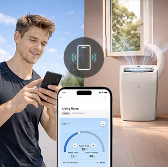 Sterowanie przenośnym klimatyzatorem LG za pomocą aplikacji LG ThinQ na smartfonie.