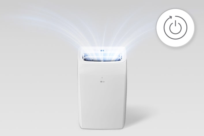 Przenośny klimatyzator LG z ikoną automatycznego restartu po przywróceniu zasilania.