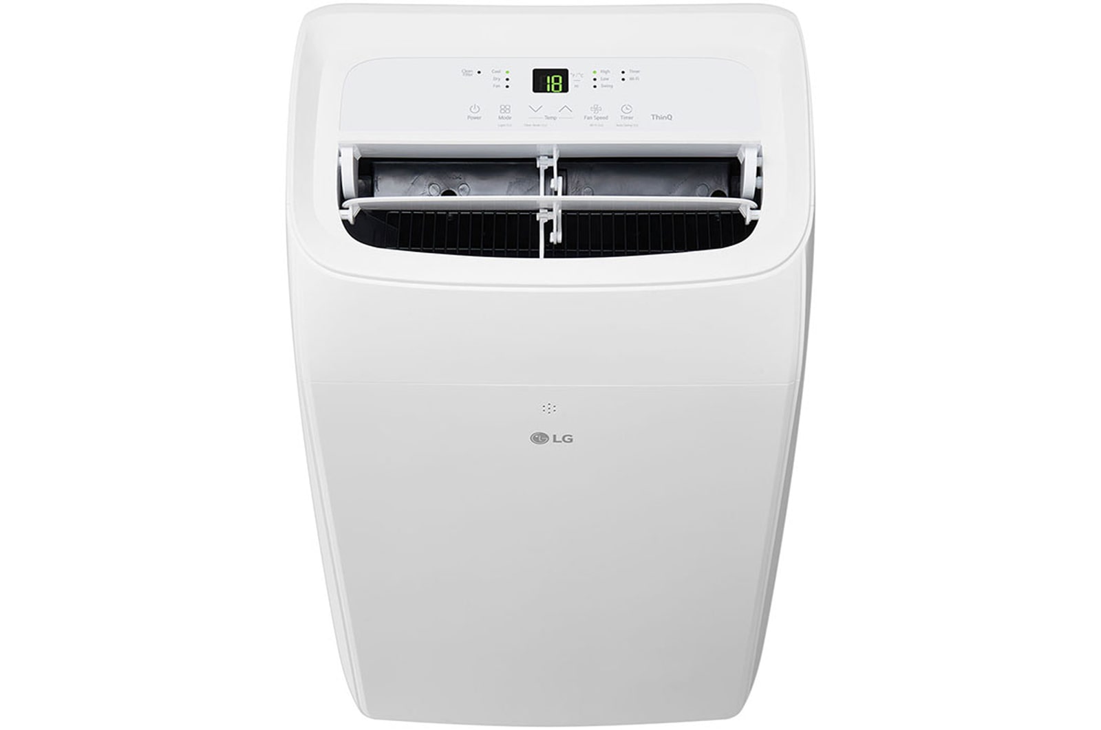 Detal frontu przenośnego klimatyzatora LG 2,64kW P9NC09TSED0 z otwartym wylotem powietrza.
