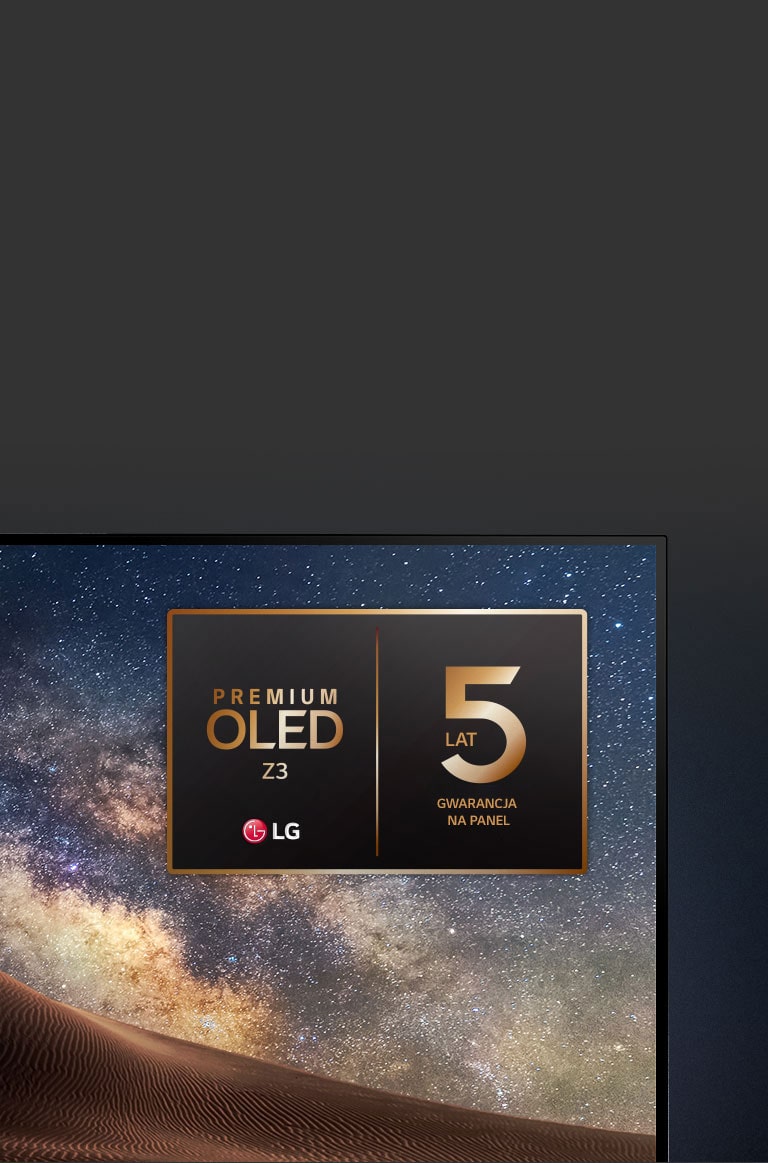 Obraz zorzy polarnej jest wyświetlany na telewizorze LG OLED. W górnym rogu telewizora na czarnym tle widać gradację przypominającą niebo. Na ekranie telewizora wyświetlane jest również logo 5-letniej gwarancji na panel.