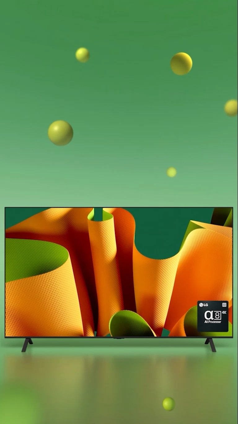 LG OLED B4 skierowany pod kątem 45 stopni w lewo, z zielono-pomarańczową, abstrakcyjną grafiką na ekranie z zielonym tłem z kulami 3D. OLED TV obraca się do przodu. W prawym dolnym rogu znajduje się logo procesora AI LG alpha 8.