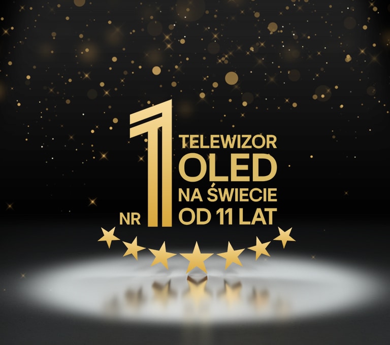 Złoty emblemat „Najlepszy na świecie OLED TV od 11 lat” na czarnym tle. Na emblemacie świeci reflektor, a złote abstrakcyjne gwiazdy wypełniają niebo powyżej.