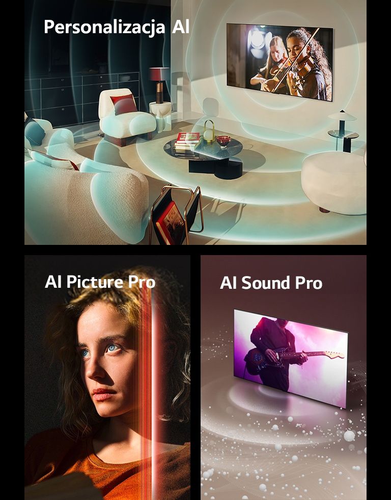 LG OLED, w nowoczesnym salonie, wyświetlający na ekranie występ muzyczny. Niebieskie okrągłe fale przedstawiające personalizację otaczają telewizor i przestrzeń.  Kobieta z przenikliwymi niebieskimi oczami i pomarańczowym topem w ciemnej przestrzeni. Czerwone linie przedstawiające udoskonalenia AI pokrywają część jej jasnej i szczegółowo odwzorowanej twarzy, podczas gdy reszta obrazu wygląda ponuro.   LG OLED TV emituje z ekranu bąbelki i fale dźwiękowe, które wypełniają przestrzeń.