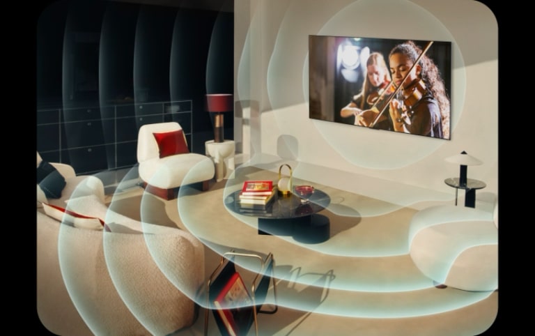 LG OLED TV w nowoczesnym mieszkaniu w mieście. Nad obrazem pojawia się nakładka z siatką, niczym skan przestrzeni, po czym z ekranu wystrzeliwują niebieskie fale dźwiękowe, idealnie wypełniając pomieszczenie dźwiękiem.
