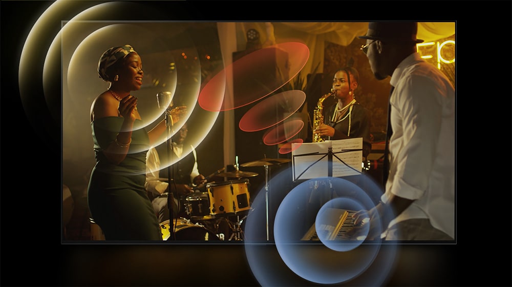 LG OLED TV pokazujący występy muzyków, z jasną okrągłą grafiką wokół mikrofonów i instrumentów.