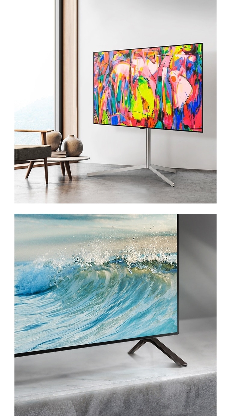 Dolny narożnik LG OLED TV, OLED B4 stoi na marmurowej powierzchni. Na ekranie pojawia się jasnoniebieska fala.   LG OLED TV, OLED B4 na podstawie w minimalistycznej przestrzeni.